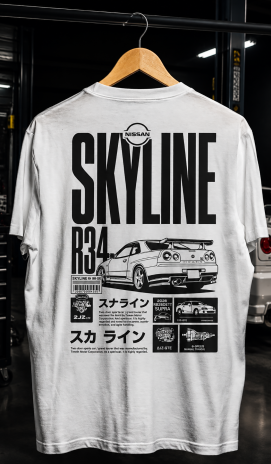 Nissan R34 Sırt Baskılı Spor Araba Tasarım Unisex Bisiklet Yaka Tişört