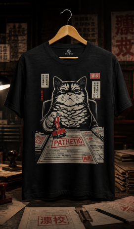 Unisex Siyah Japon Tarzı Kedi Baskılı Tişört – Retro Grafik Tasarım
