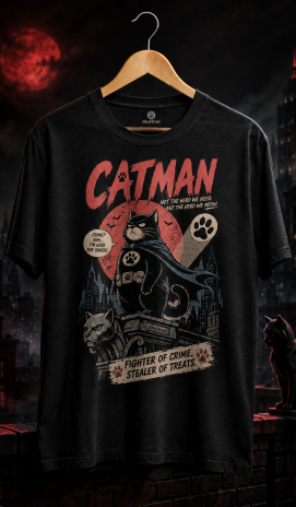 Catman Cat Tasarım Baskılı Unisex Bisiklet Yaka Tişört