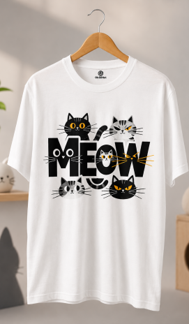 Unisex Beyaz Meow Kedi Baskılı Tişört – Eğlenceli Grafik Desenli Günlük T-Shirt