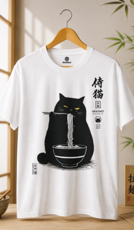 Beyaz Unisex Ramen Yiyen Kedi Baskılı Tişört – Japon Stil Grafik Desen