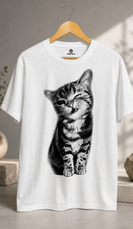 Beyaz Unisex Vintage Kedi Desenli Y2K Kısa Kollu Tişört