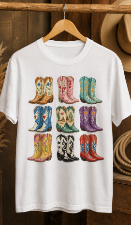 Beyaz Kadın Cowboy Boots Baskılı Tişört – Renkli Western Stil T-Shirt