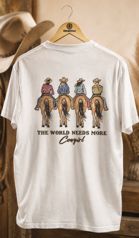 Kadın Beyaz Cowgirl Baskılı Tişört – Western Temalı Sırt Baskı