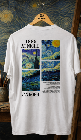 Unisex Beyaz Van Gogh Yıldızlı Gece Baskılı Tişört – Sanatsal Sırt Baskı