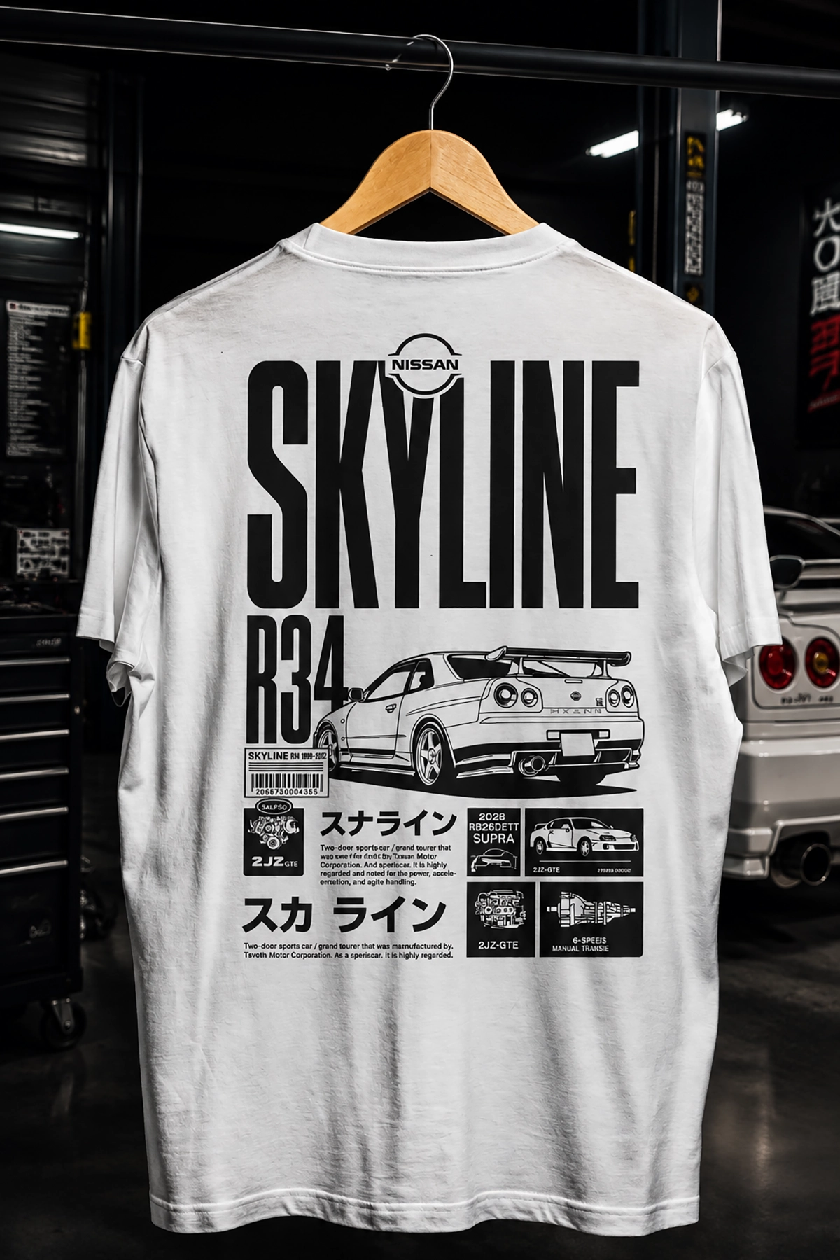 Nissan R34 Sırt Baskılı Spor Araba Tasarım Unisex Bisiklet Yaka Tişört