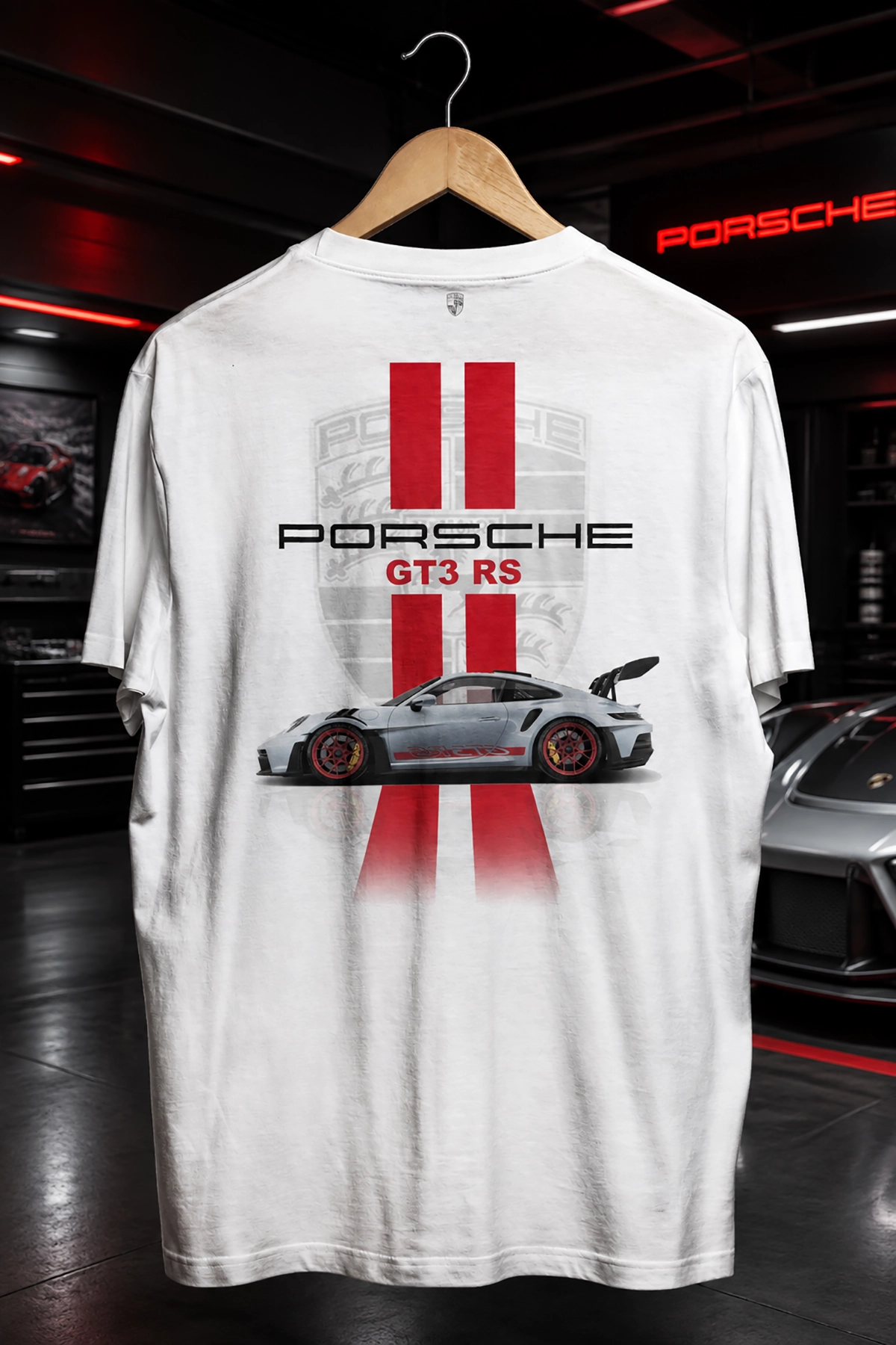 Porsche 911 GT3 RS Spor Araba Tasarım Sırt Baskılı  Unisex Bisiklet Yaka Tişört