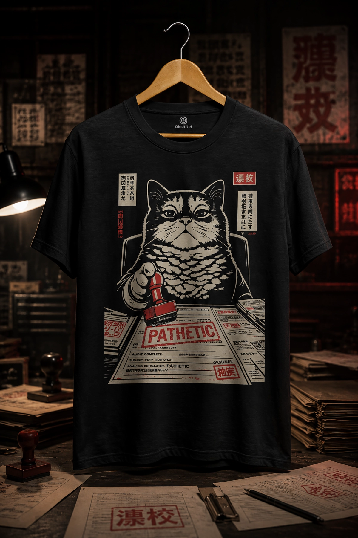 Unisex Siyah Japon Tarzı Kedi Baskılı Tişört – Retro Grafik Tasarım