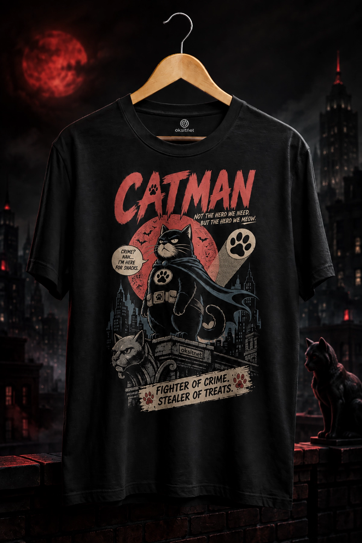 Catman Cat Tasarım Baskılı Unisex Bisiklet Yaka Tişört