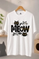 Unisex Beyaz Meow Kedi Baskılı Tişört – Eğlenceli Grafik Desenli Günlük T-Shirt