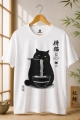 Beyaz Unisex Ramen Yiyen Kedi Baskılı Tişört – Japon Stil Grafik Desen