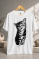 Beyaz Unisex Vintage Kedi Desenli Y2K Kısa Kollu Tişört
