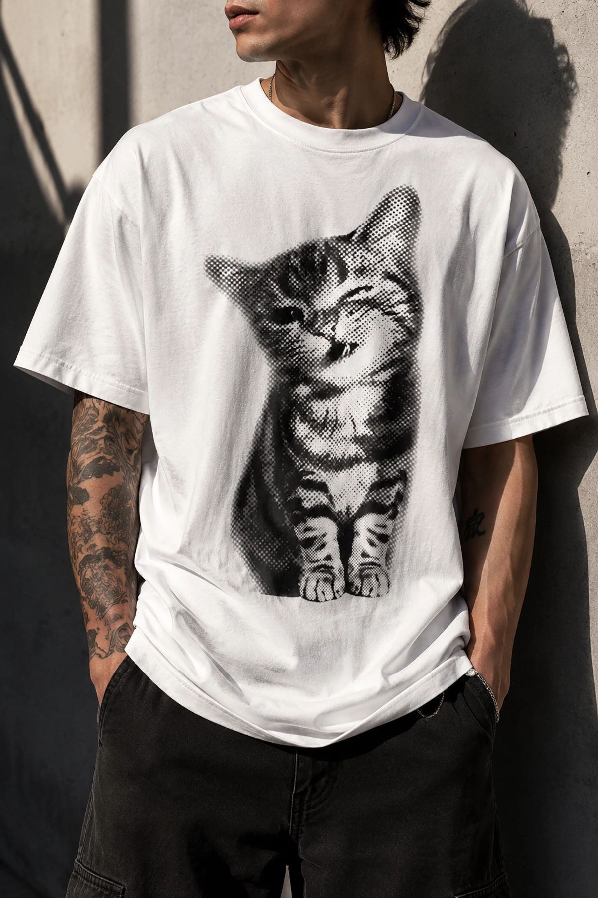 Beyaz Unisex Vintage Kedi Desenli Y2K Kısa Kollu Tişört