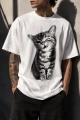 Beyaz Unisex Vintage Kedi Desenli Y2K Kısa Kollu Tişört