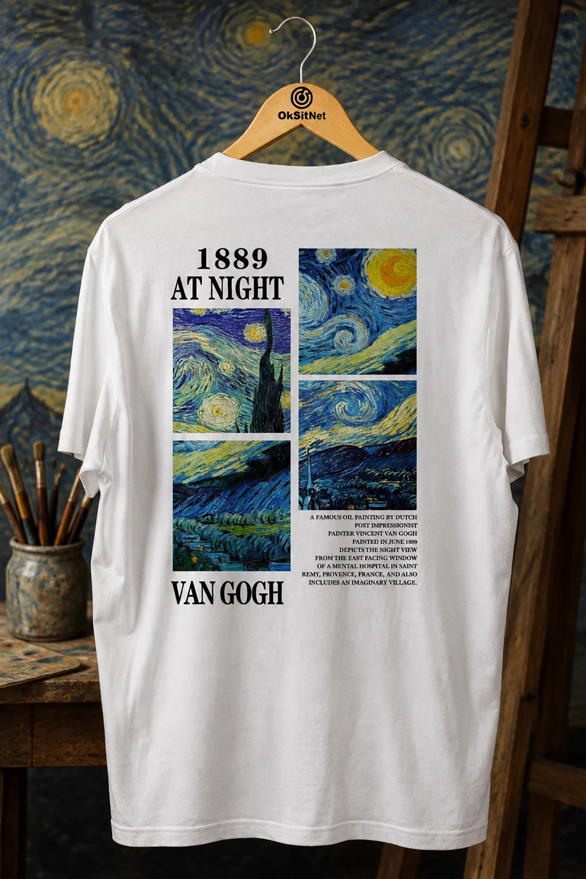Unisex Beyaz Van Gogh Yıldızlı Gece Baskılı Tişört – Sanatsal Sırt Baskı