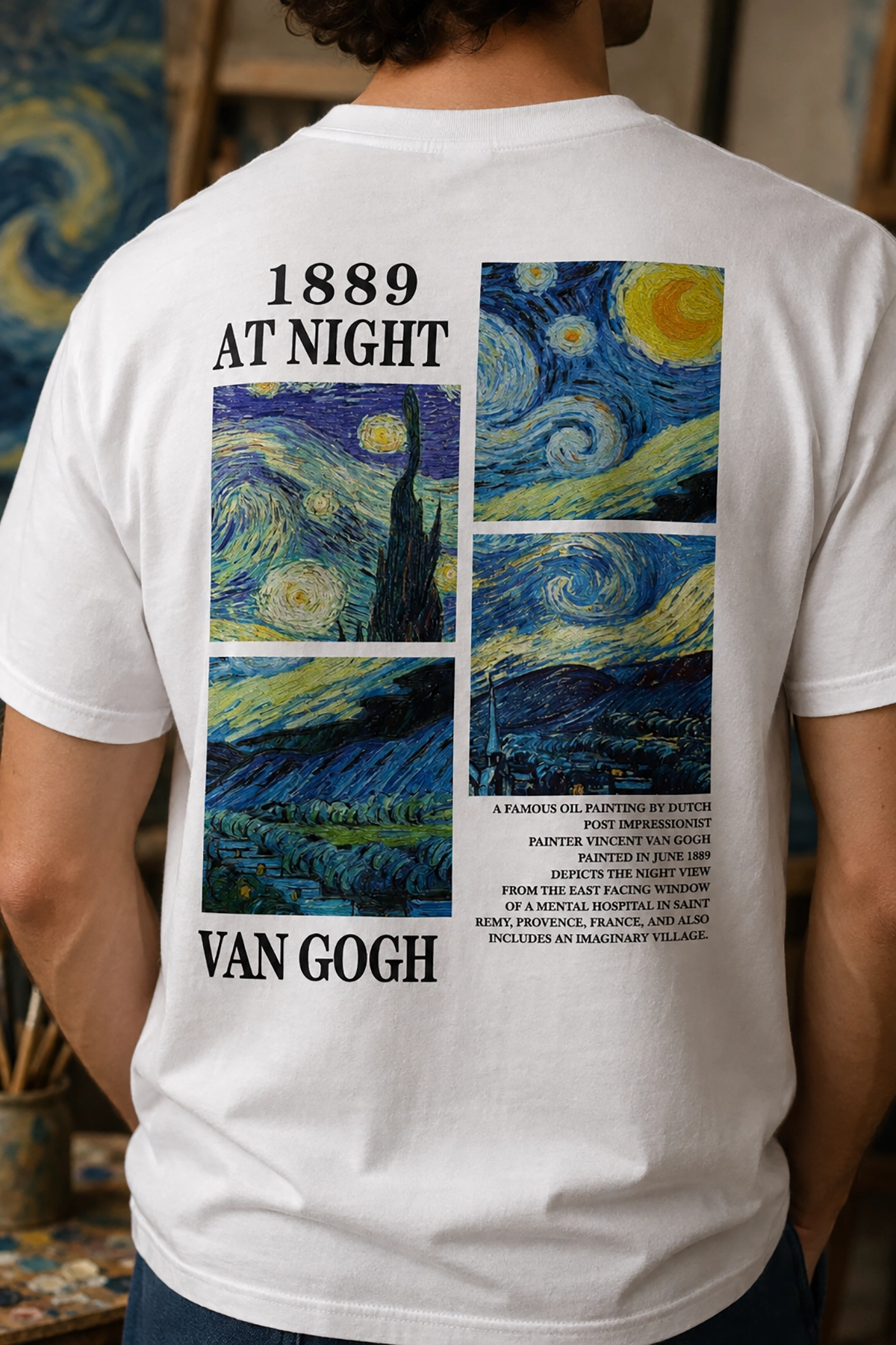 Unisex Beyaz Van Gogh Yıldızlı Gece Baskılı Tişört – Sanatsal Sırt Baskı